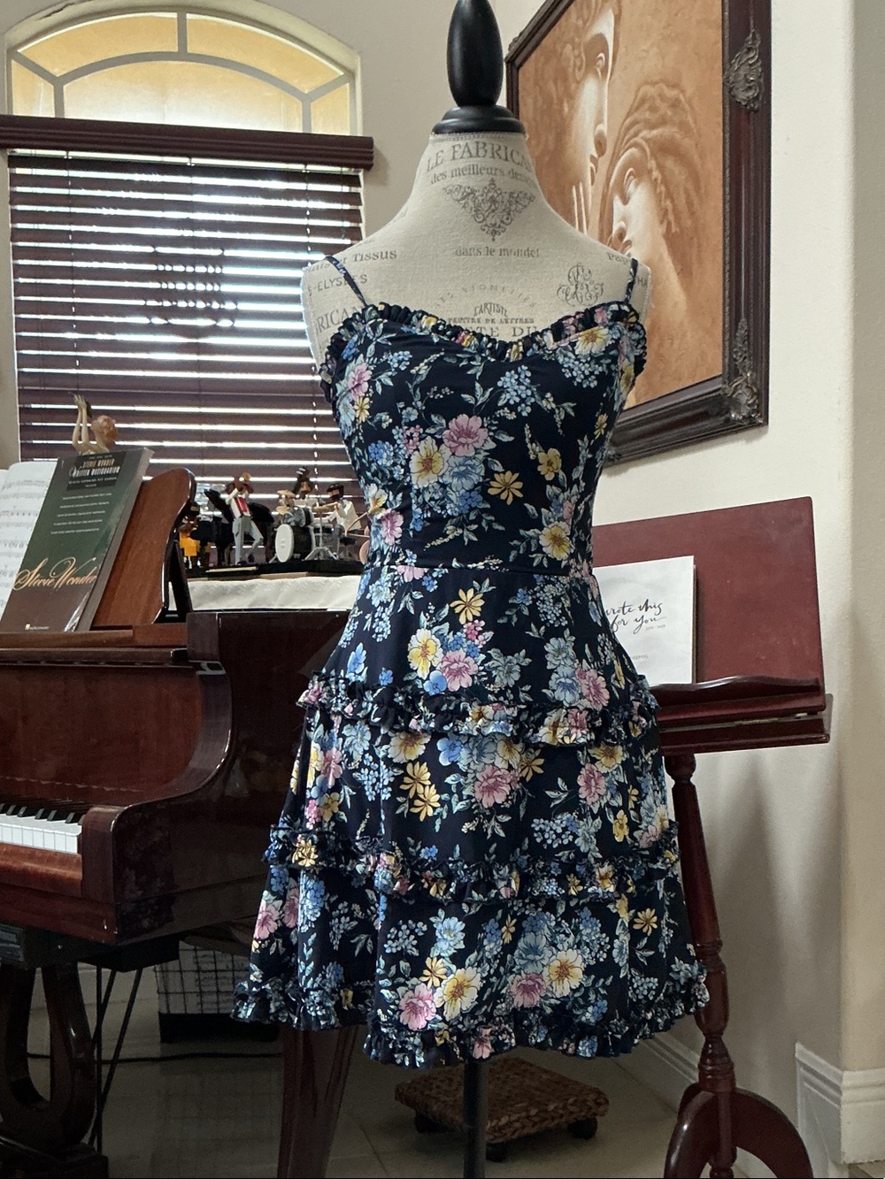 Trixxi Navy Floral Ruffled Mini Dress with Spaghetti Straps